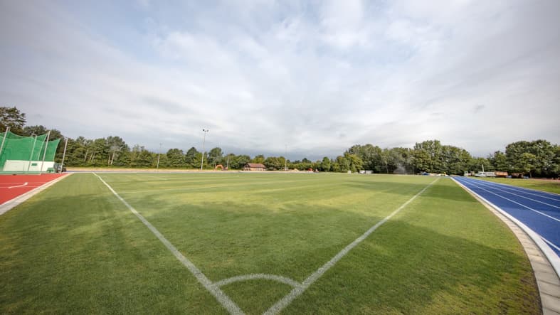 Das Naturrasenspielfeld inklusive Bewässerungsanlage.